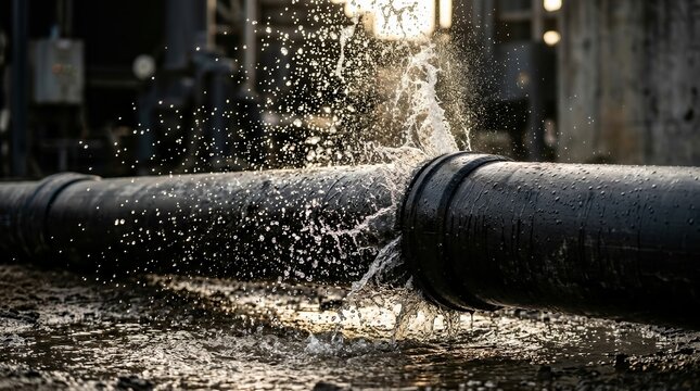 A burst water pipe with water spraying out from the main line.