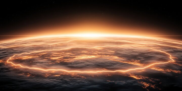 Glowing network across a planet surface, digital world connections, abstract cosmos with bright energy lines, future digital realm concept.