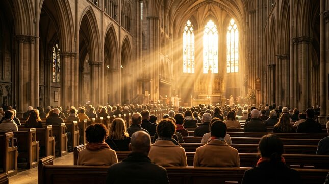 A wide-angle view of a joyful congregation inside a church illuminated by morning sun rays.