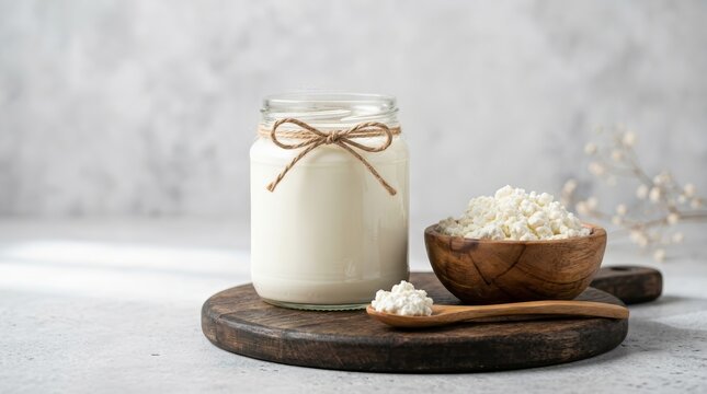Wholesome fermented milk, kefir, and lactose free yogurt on a light backdrop with gluten free options.