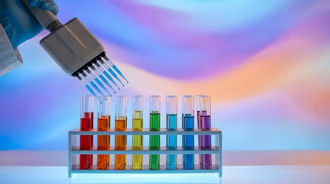 Syringe dispensing colorful liquid into test tubes