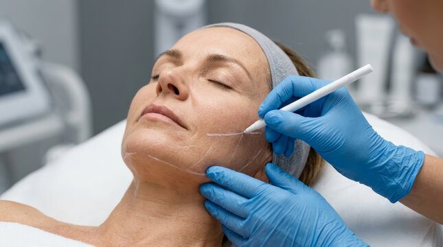 Thread facelift and skin lifting procedure preparation with white markings on a woman's face by a gloved professional.