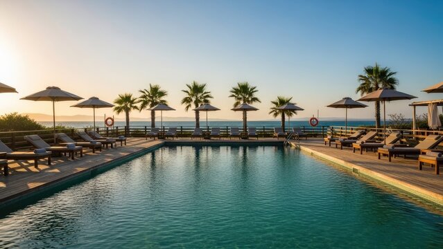 luxury resort infinity pool at sunset with palm trees and lounge chairs