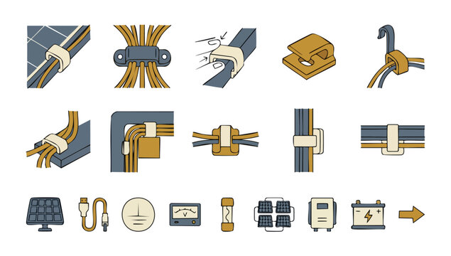 Solar Cable Clips Installation Guide and Mounting Hardware Icon Set for Photovoltaic Panel Wiring Systems, Professional PV Wire Management Solutions for Residential and Commercial Renewable Energy Arr
