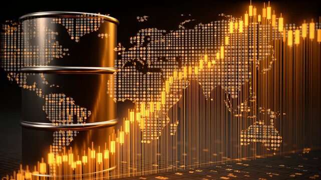 Oil barrel with an illuminated world map and an upward trending stock chart, symbolizing rising global energy prices, market volatility, and economic impact