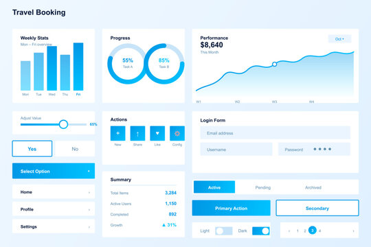 Travel booking interface with performance metrics and summary statistics on a light blue background