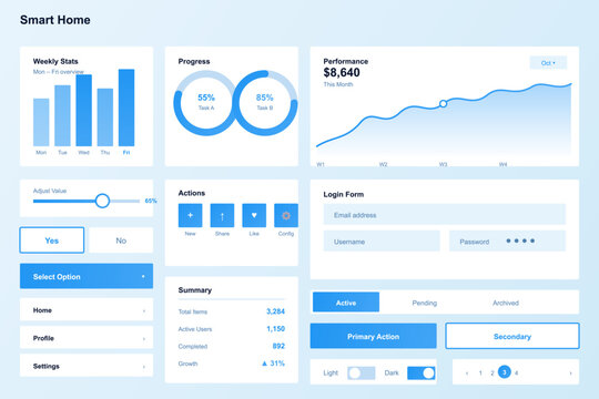 Smart home dashboard user interface design kit featuring data visualization charts graphs progress rings login forms and interactive ui elements for mobile app layouts