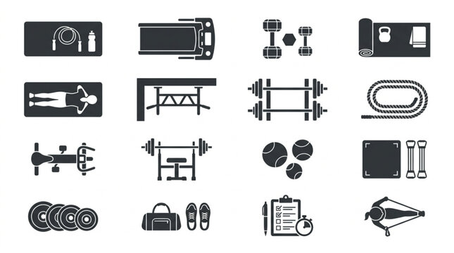 Fitness equipment icons set for gym and workout.