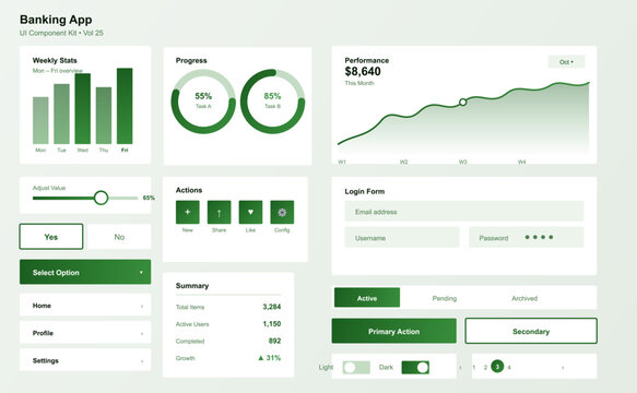 Modern banking app ui dashboard design kit featuring green financial charts user login forms data analytics widgets and navigation elements for fintech interfaces
