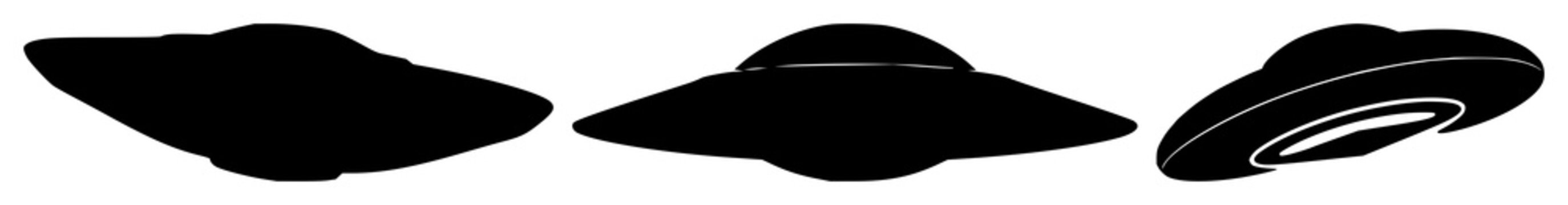Flying saucer set with black silhouette against white background featuring sci-fi, alien, space exploration with vector illustration and minimalism