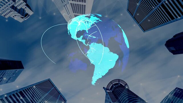 Global network connection visualization showing data exchange, digital link, worldwide communication. Global data flow and digital network infrastructure connecting regions around the world. Thunk