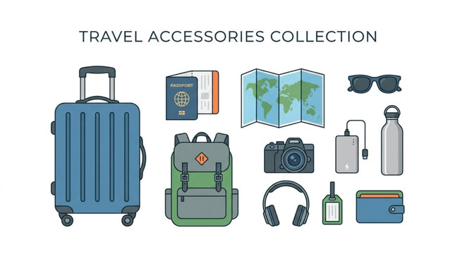 Collection of Travel Accessories and Essentials for Vacation.