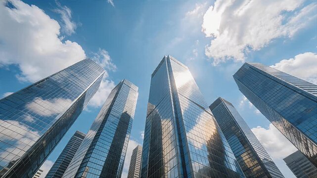skyscrapers glass towers city skyline under bright sun clouds