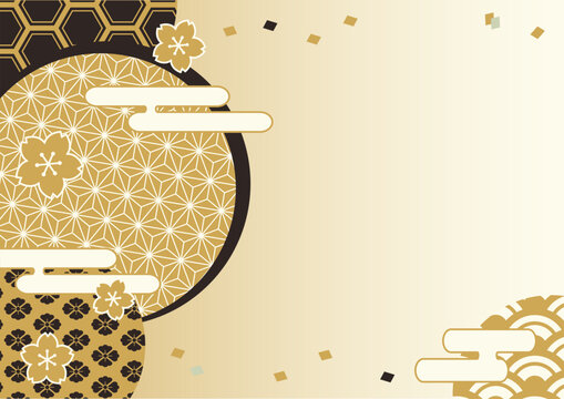 Japanese new year background with black and gold pattern frame