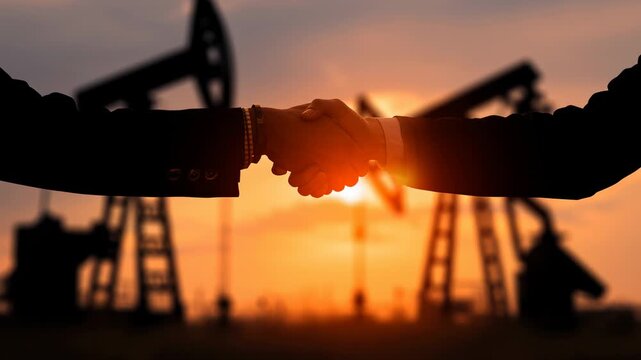 Business partners shaking hands. Making a deal at sunset with oil pumpjacks in the background. Signifying a global energy industry agreement. Partnership. And successful completion of a collaboration