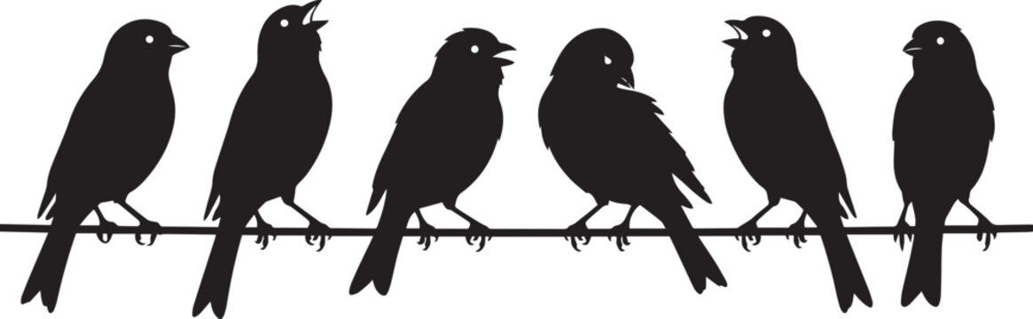 Black bird silhouettes on wire, set of 6 singing songbirds vector, minimalist avian nature illustration, decorative sparrow and finch icons