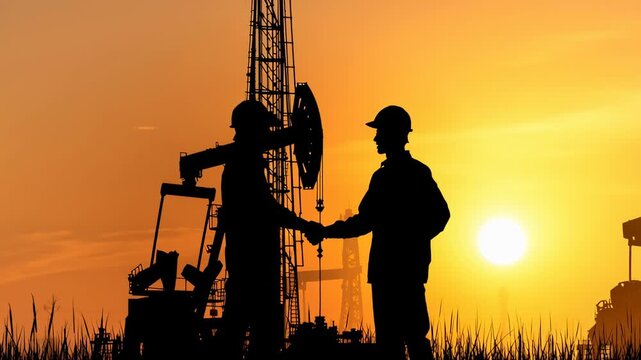 Oil and gas industry workers shaking hands, forming a partnership deal at sunset with drilling rig and pumpjacks silhouetted in the field, symbolizing collaboration and agreement in energy business