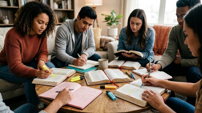 A group of people sitting around a coffee table deeply engrossed in Bible study.