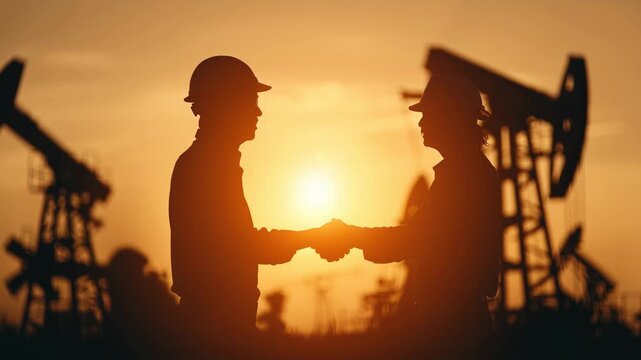 Two silhouetted workersone in a hard hatshake hands at sunset beside operating pumpjacks, symbolizing energy industry partnership, deal making and teamwork on the oilfield