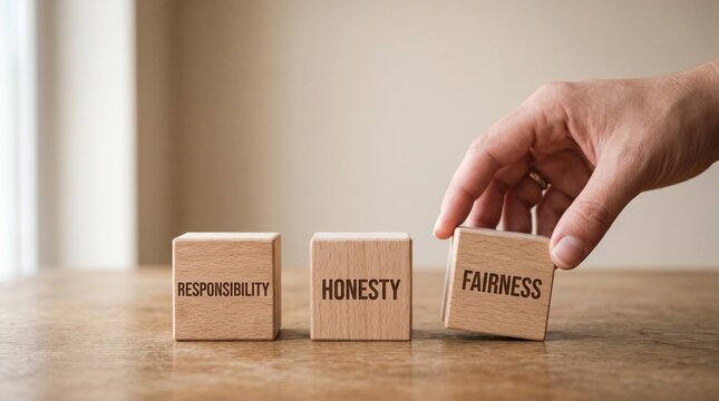 Hand Placing Wooden Block with Word Fairness Next to Responsibility and Honesty