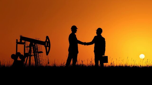 Business professionals shaking hands in silhouette before an oil pumpjack at vibrant orange sunset, symbolizing energy sector partnership, deal making and successful petroleum collaboration
