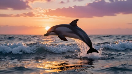 Fototapeta premium Dolphin leaping from ocean waves at sunset, reflecting golden sun