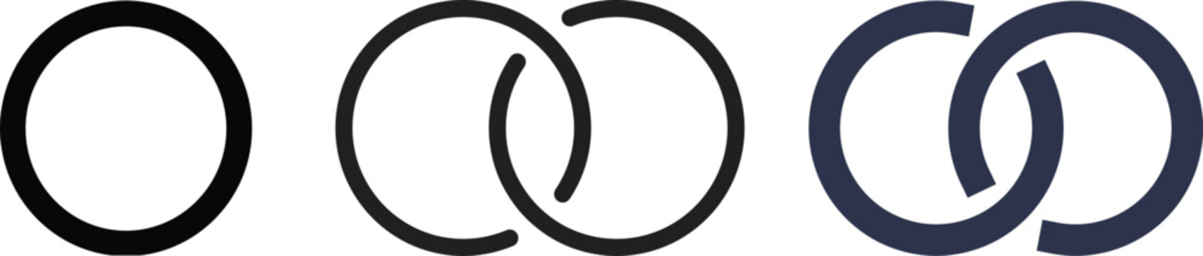 Interlocking rings design in black and white showcasing a simple geometric shape silhouette.Two interlocking circles vector illustration representing connection union and wedding rings.