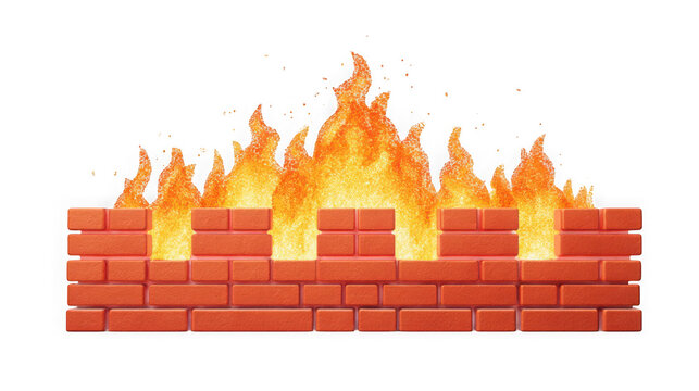 A brick wall on fire with flames rising isolated on transparent background