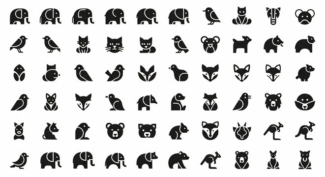 Black silhouettes of various animals are standing on white background