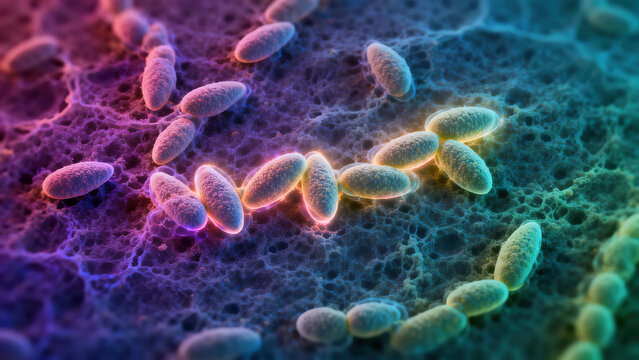 The distinctive lanceolate diplococci and short chains characteristic of Streptococcus pneumoniae. The soft fluorescent halo around the cells represents their polysaccharide capsule.