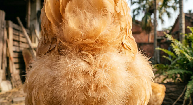 An extreme macro photograph focusing on the dense, downy under-fluff of a Buff Orpington. The shot captures the incredibly soft, peach-colored fibers that provide warmth. 