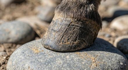 Obraz premium An extreme macro photograph focusing on a donkey's small, boxy, and incredibly tough hoof resting on a smooth river stone. 