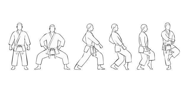 Karate man poses sequence set, martial arts fighter in uniform performing katas. Minimalist line art character illustration representing training, discipline, fitness, self-defense and athletic motion