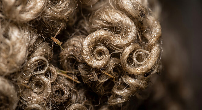 An extreme macro photograph focusing on a patch of raw, unwashed sheep&rsquo;s wool. The shot highlights the natural lanolin sheen and the tight, springy coils of the fiber. 