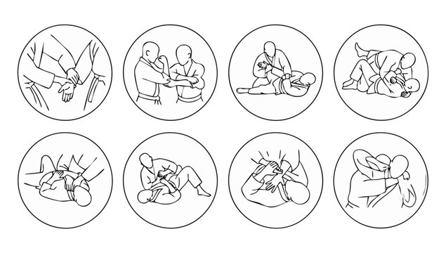 Brazilian Jiu Jitsu BJJ Technique Icons Set, Martial Arts Grappling Moves, Self Defense Combat Sports Training, Submission Locks and Takedowns, Minimalist Black and White Vector Illustration Graphic D
