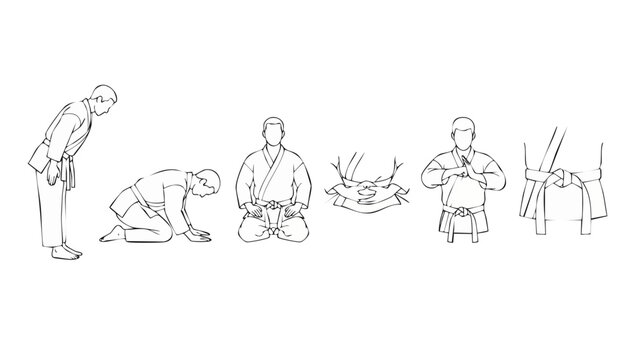 Martial Arts Etiquette Bowing Seiza Positions Set - Karate Gi Uniform Line Art Icons for Dojo Training and Respectful Rituals in Japanese Martial Arts Practice, Minimalist Vector Illustration Design.