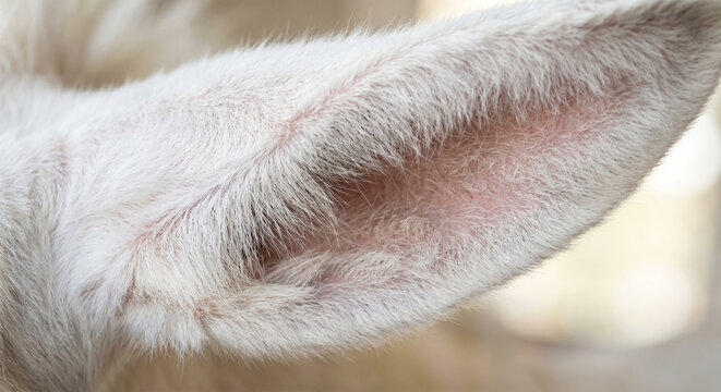 An extreme macro photograph focusing on the inner curve of a donkey&rsquo;s long ear. The shot highlights the dense, downy white fur and the delicate pinkish skin visible beneath. 