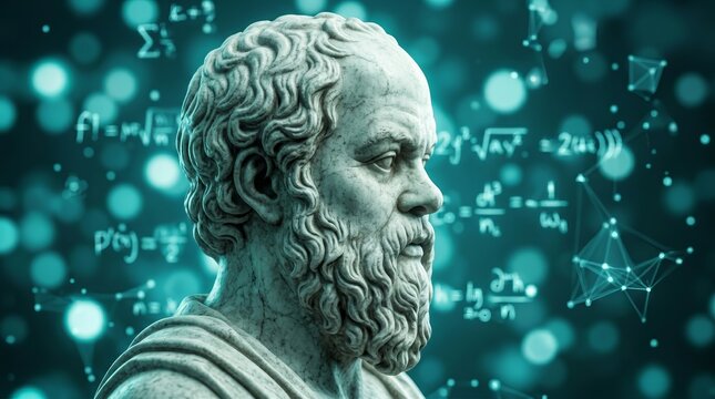Philosophical principles in the digital age with a classical marble statue head.