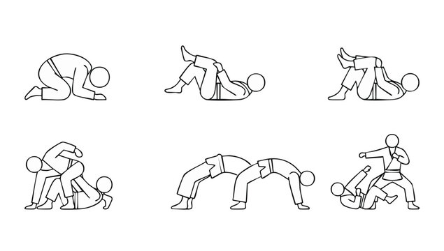 Brazilian Jiu Jitsu BJJ moves icon set, martial arts ground fighting techniques, grappling positions and combat training silhouettes isolated on white background for infographics or sports manuals.