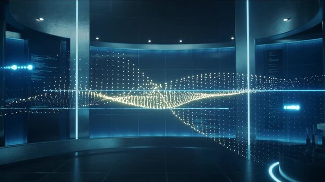 Futuristic digital graph display with blue neon lights in a dark room