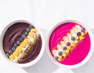 Acai Bowl with Pitaya and Tropical Fruit Toppings on White Background © McLabz Solutions
