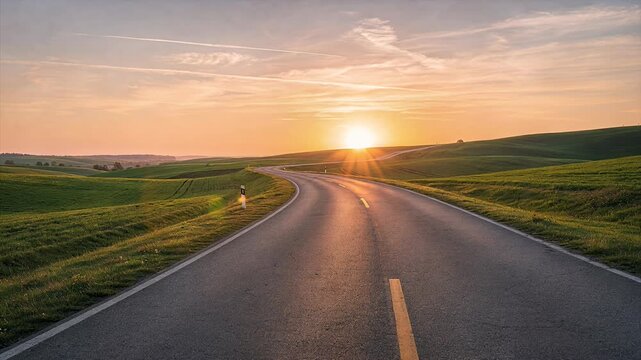 road sunset countryside landscape highway travel scenic open fields at dusk