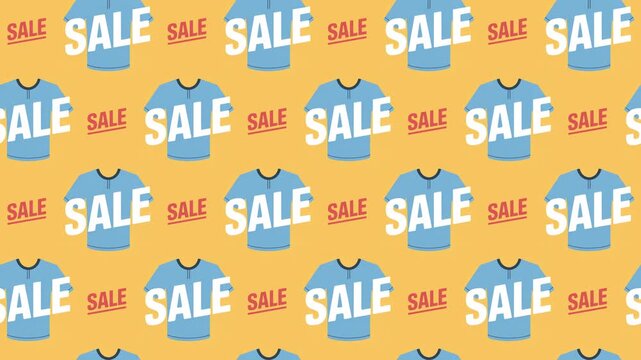 Blue T-Shirt and Sale Text Seamless Pattern Background, apparel retail and clothing discount concept.