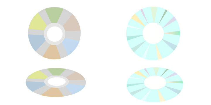 Circular compact disc design with pastel rainbow segments and highlights on transparent background.