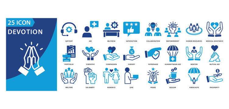 devotion icon set of support, aid, helpdesk, satisfaction, collaboration, empowerment, human resources, portfolio, sympathy, compassion, subsidy, patronage, humanitarian aid, mentor, mutual aid, 