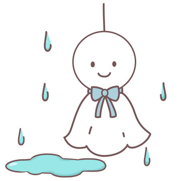 Cute teru teru bozu sunshine doll with blue ribbon in the rain