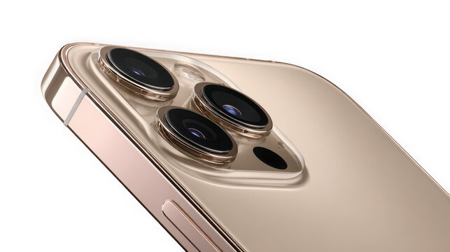 Closeup of gold iphone with triple camera lenses isolated on transparent background