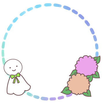 Cute teru teru bozu and hydrangea round frame green ribbon