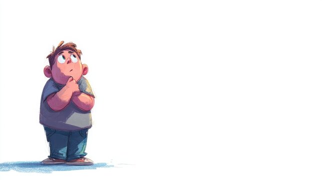 Thoughtful boy looking up with curiosity, exploring emotions and imagination in a whimsical cartoon style illustration