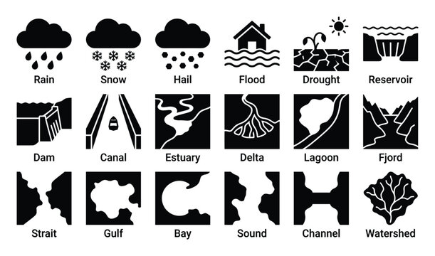 Water cycle, weather, and landform glyph icons for environmental education materials.